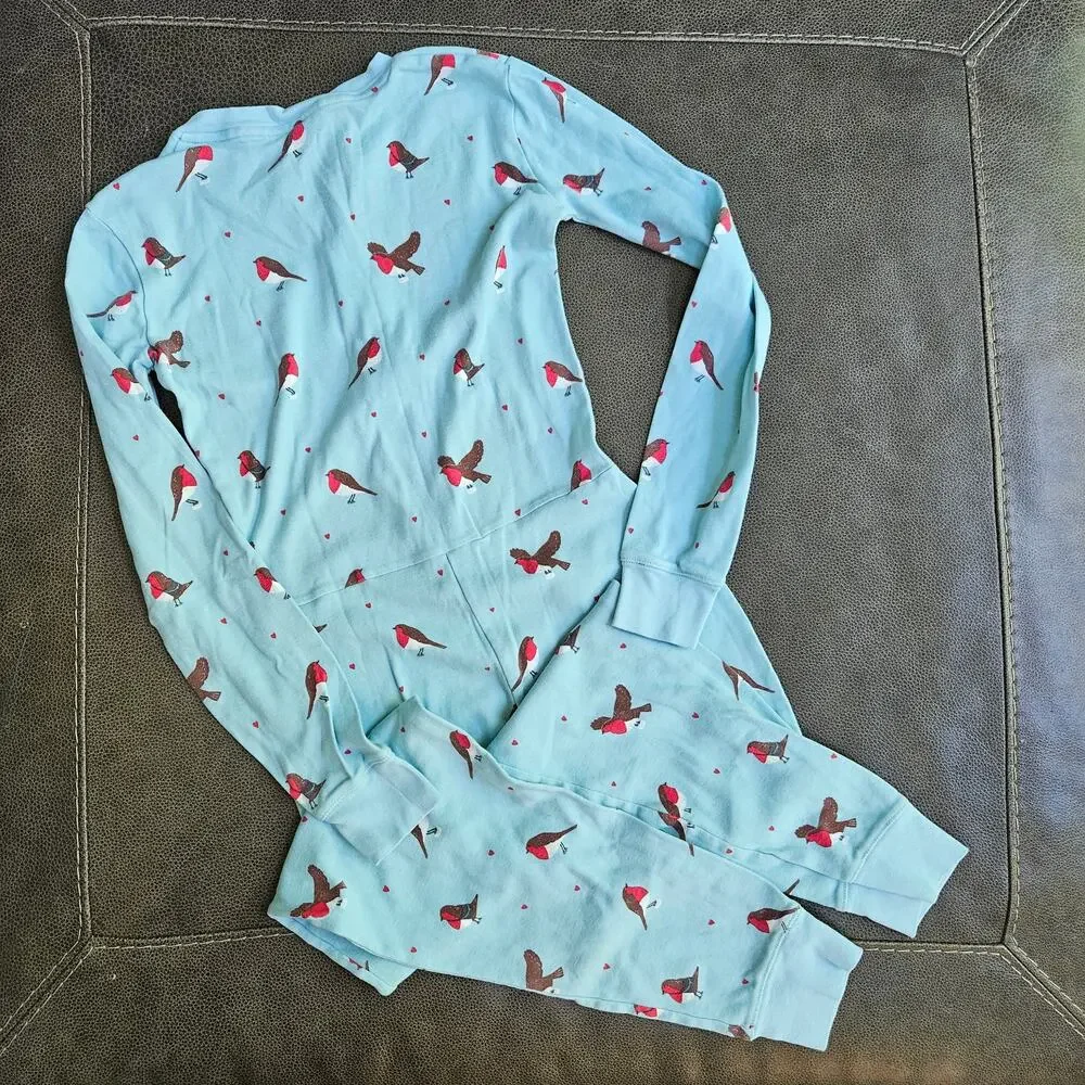 Mini Boden Robin Bird Print Henley Union Suit Pajamas Blue Size 13Y / 158 cm